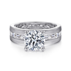 Elsaa - 14K White Gold Channel Set Baguette Round Diamond Engagement Ring