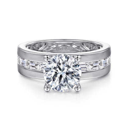 Elsaa - 14K White Gold Channel Set Baguette Round Diamond Engagement Ring