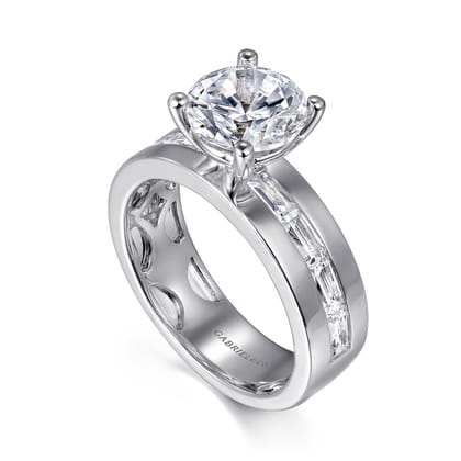 Elsaa - 14K White Gold Channel Set Baguette Round Diamond Engagement Ring