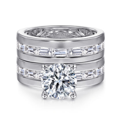 Elsaa - 14K White Gold Channel Set Baguette Round Diamond Engagement Ring