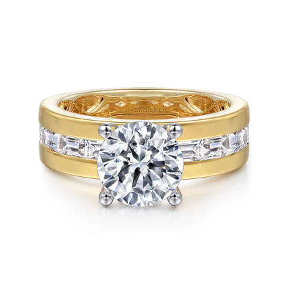 Elsaa - 14K Yellow-White Gold Channel Set Baguette Wide Band Round Diamond Engagement Ring