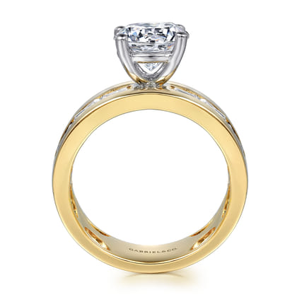 Elsaa - 14K Yellow-White Gold Channel Set Baguette Wide Band Round Diamond Engagement Ring