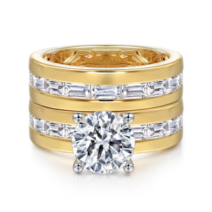 Elsaa - 14K Yellow-White Gold Wide Band Round Diamond Engagement Ring