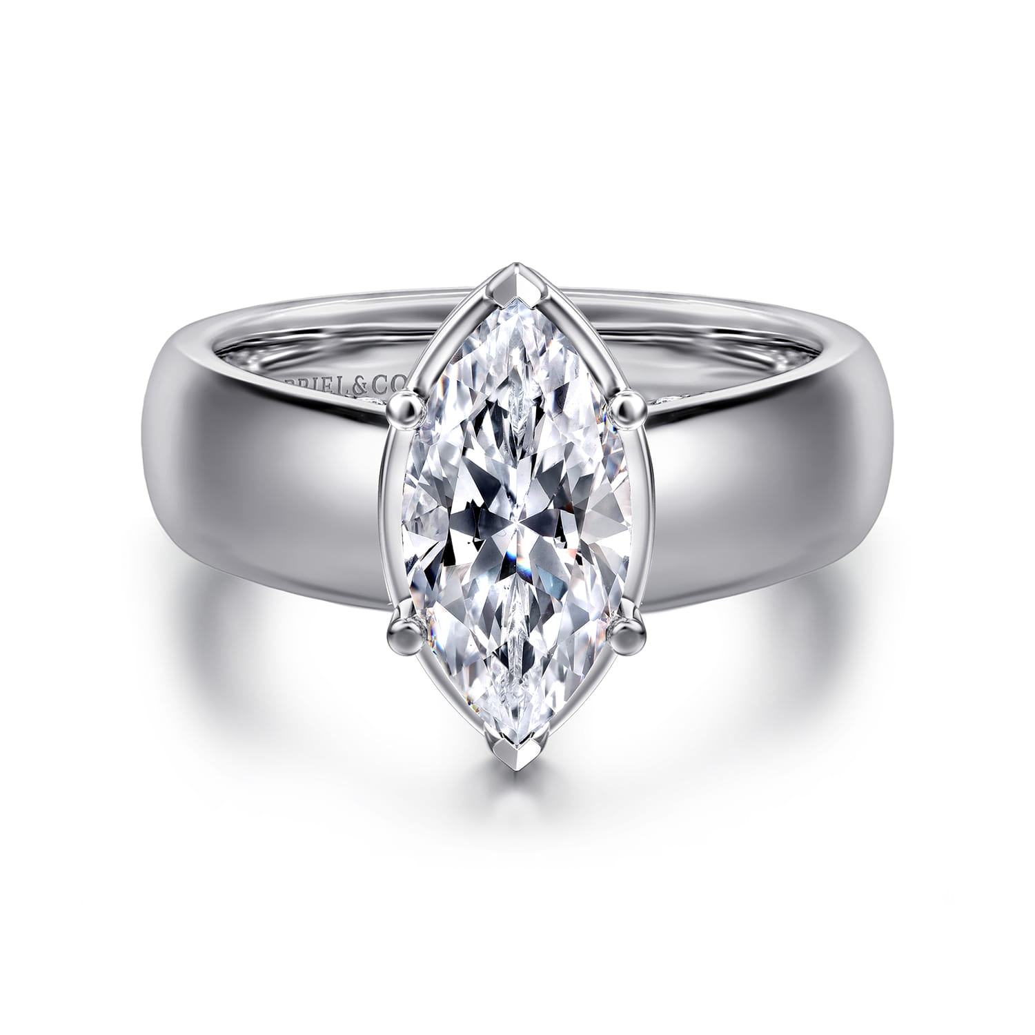 Elza - 14K White Gold Bezel Prong Wide Band Marquise Diamond Engagement Ring