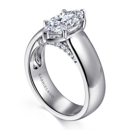 Elza - 14K White Gold Bezel Prong Wide Band Marquise Diamond Engagement Ring