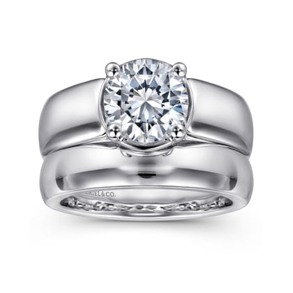Elza - 14K White Gold Bezel Prong Wide Band Round Diamond Engagement Ring