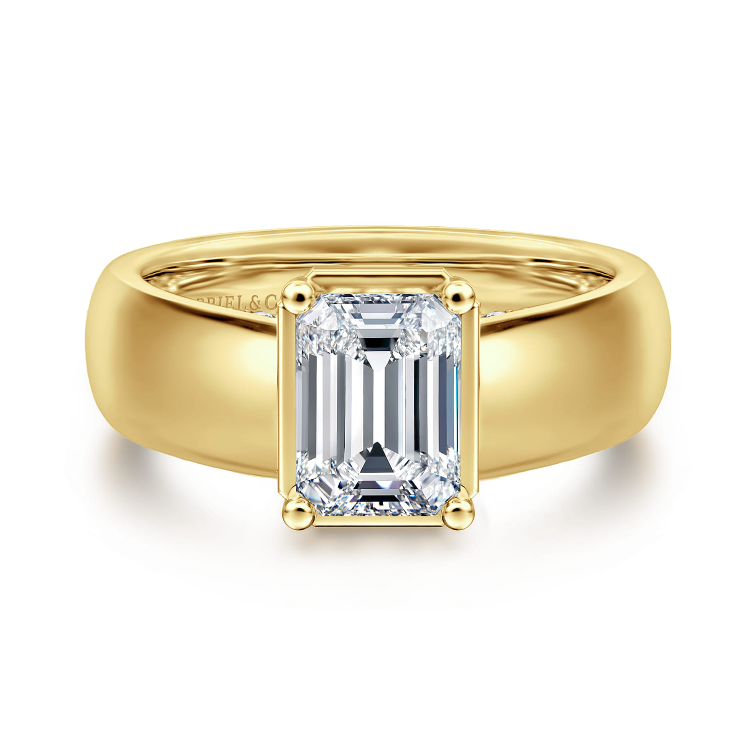 Elza - 14K Yellow Gold Bezel Prong Wide Band Emerald Diamond Engagement Ring