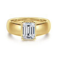 Elza - 14K Yellow Gold Bezel Prong Wide Band Emerald Diamond Engagement Ring