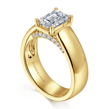 Elza - 14K Yellow Gold Bezel Prong Wide Band Emerald Diamond Engagement Ring