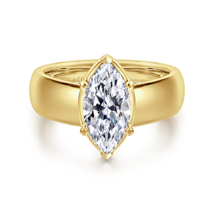 Elza - 14K Yellow Gold Bezel Prong Wide Band Marquise Diamond Engagement Ring