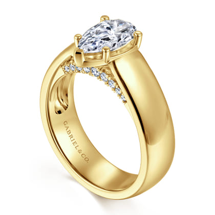 Elza - 14K Yellow Gold Bezel Prong Wide Band Pear Diamond Engagement Ring