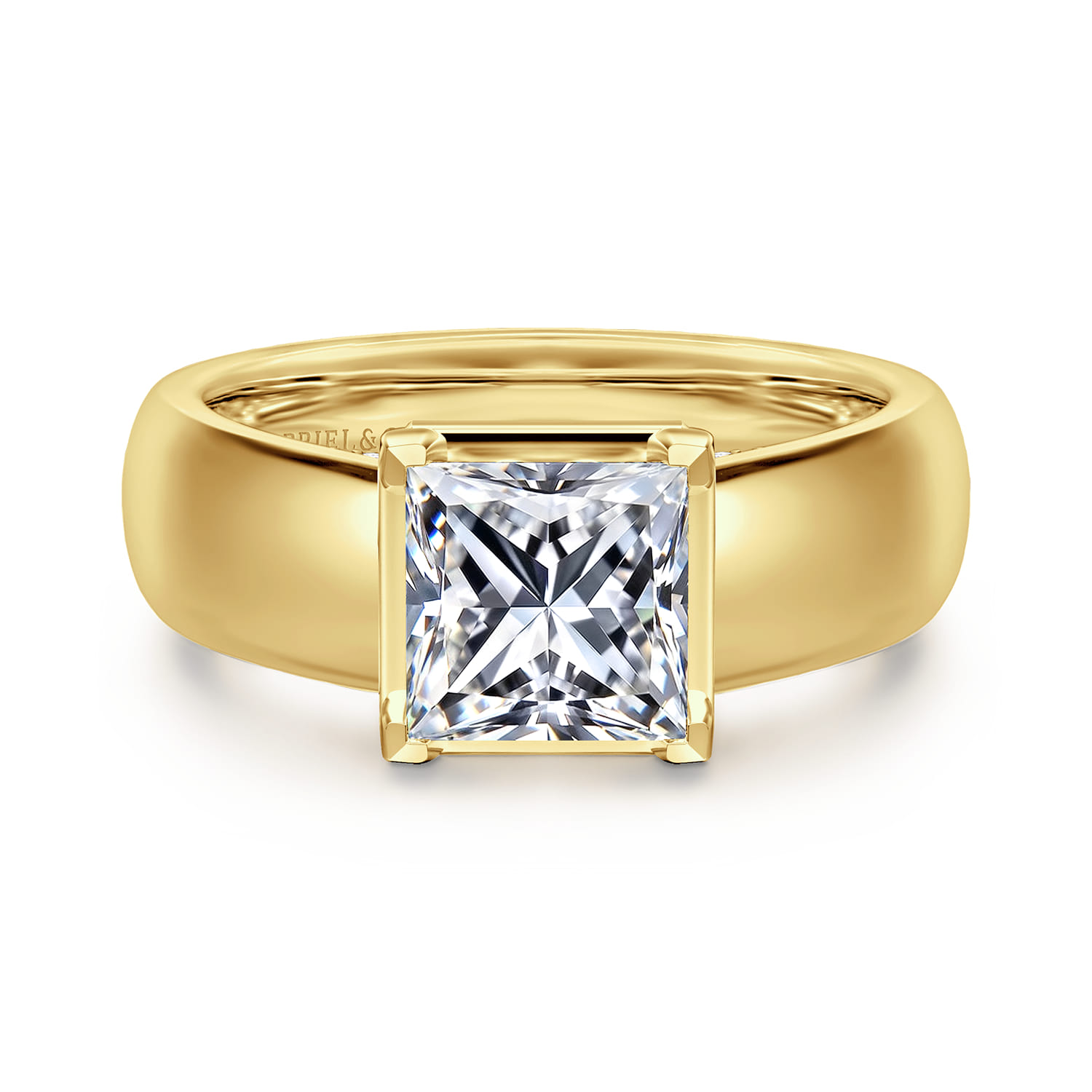 Elza - 14K Yellow Gold Bezel Prong Wide Band Princess Cut Diamond Engagement Ring
