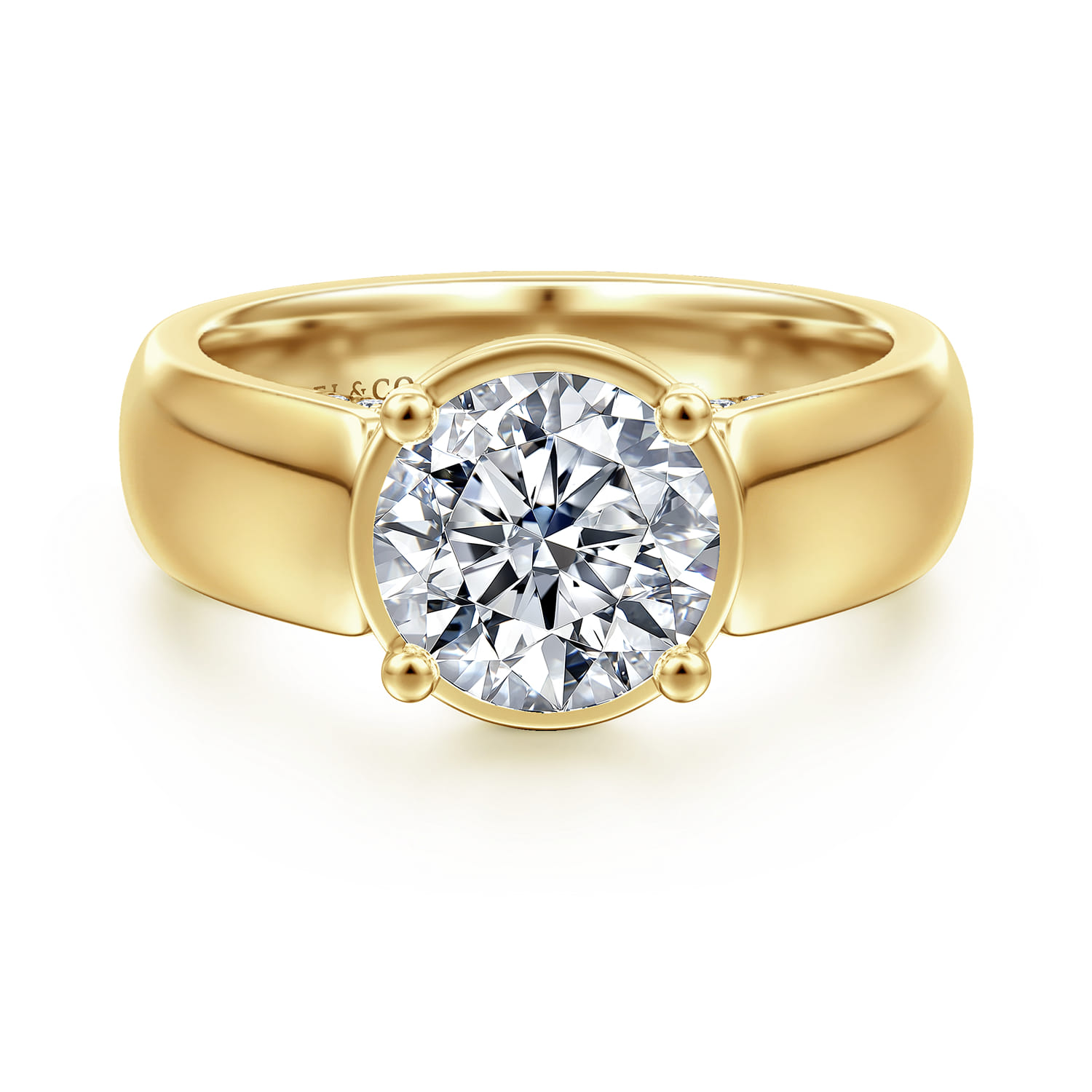 Elza - 14K Yellow Gold Bezel Prong Wide Band Round Diamond Engagement Ring