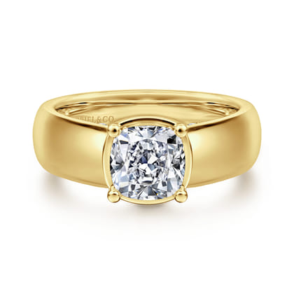 Elza - 14K Yellow Gold Wide Band Cushion Cut Diamond Engagement Ring