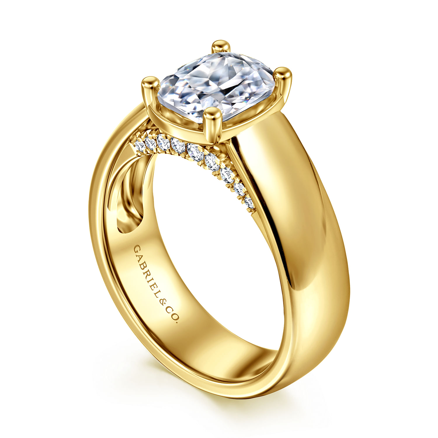 Elza - 14K Yellow Gold Wide Band Elongated Cushion Diamond Engagement Ring