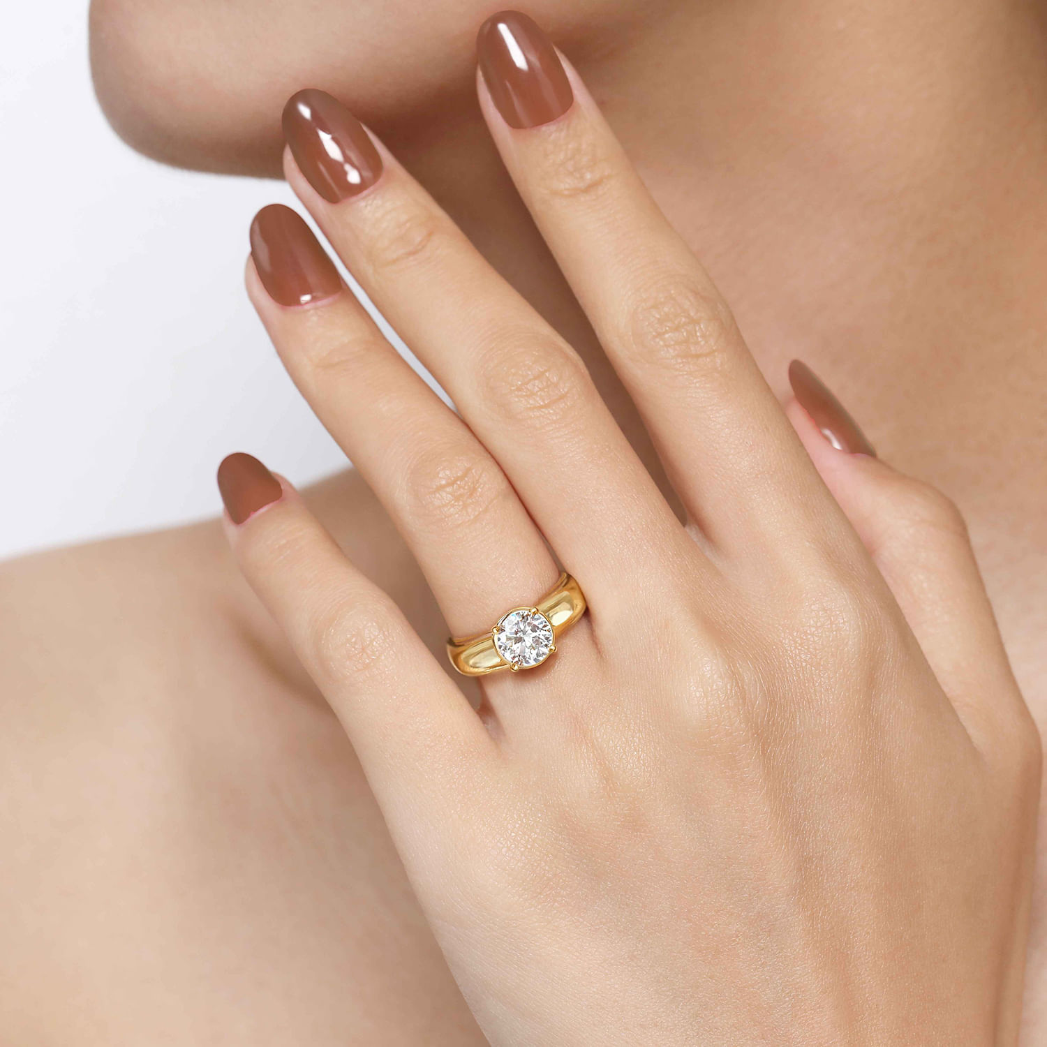 Elza - 14K Yellow Gold Wide Band Round Diamond Engagement Ring