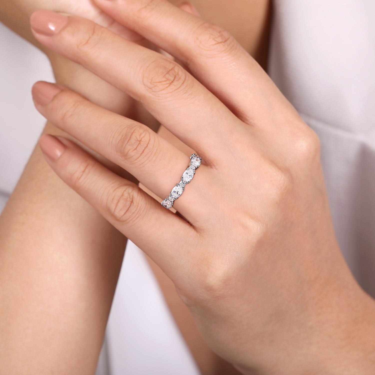 Fancy Wedding Ring in 14k White Gold with Oval Natural Diamond at Gabriel & Co. - Shot 5