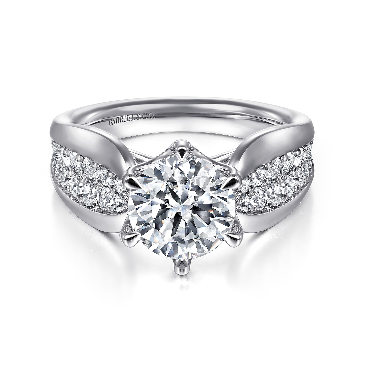 Ember - 14K White Gold 6 Prong Wide Band Round Diamond Engagement Ring