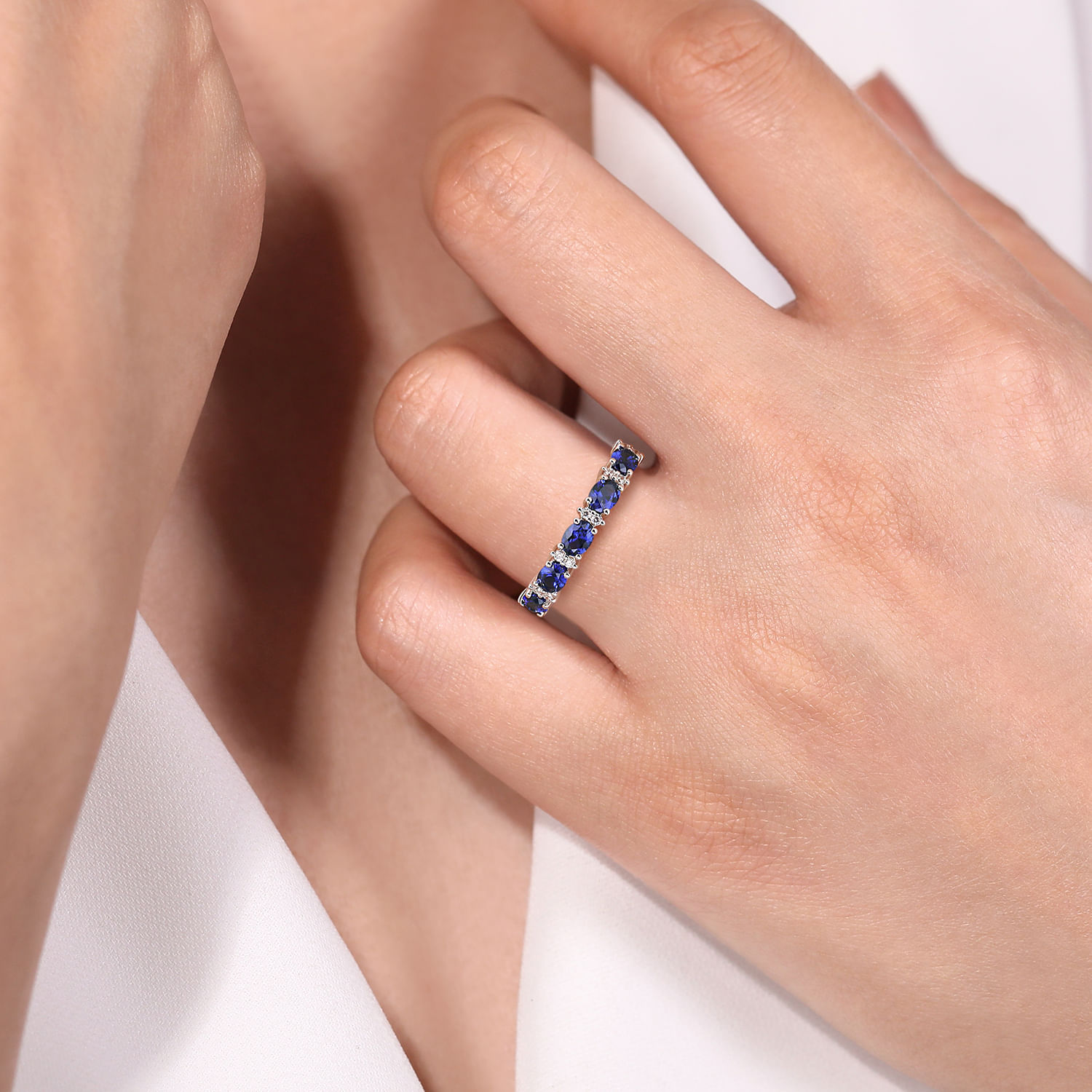 Emelia - 14K White Gold Oval Sapphire and Diamond Anniversary Band