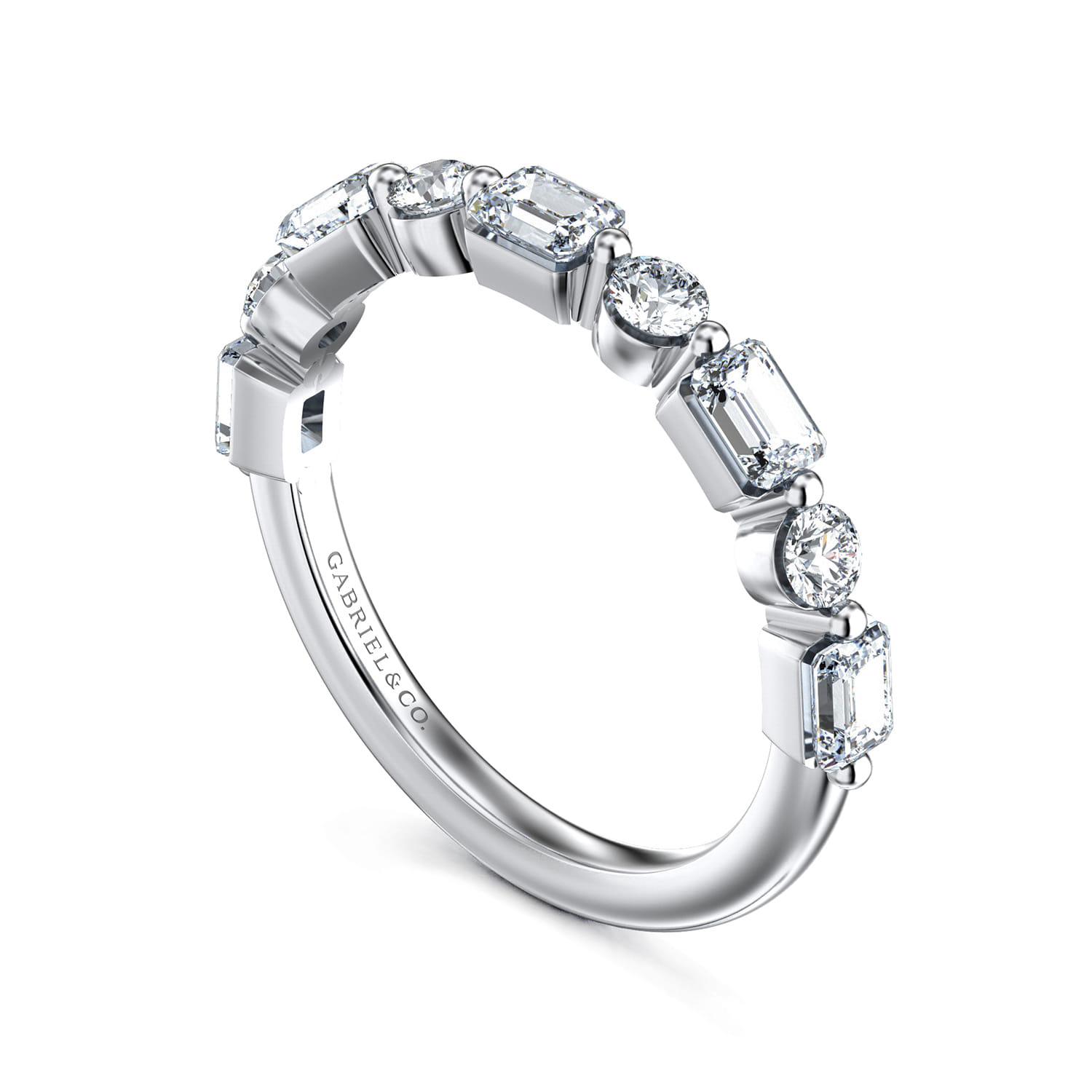 Straight Wedding Ring in 14k White Gold with Emerald Cut Natural Diamond at Gabriel & Co. - Shot 3