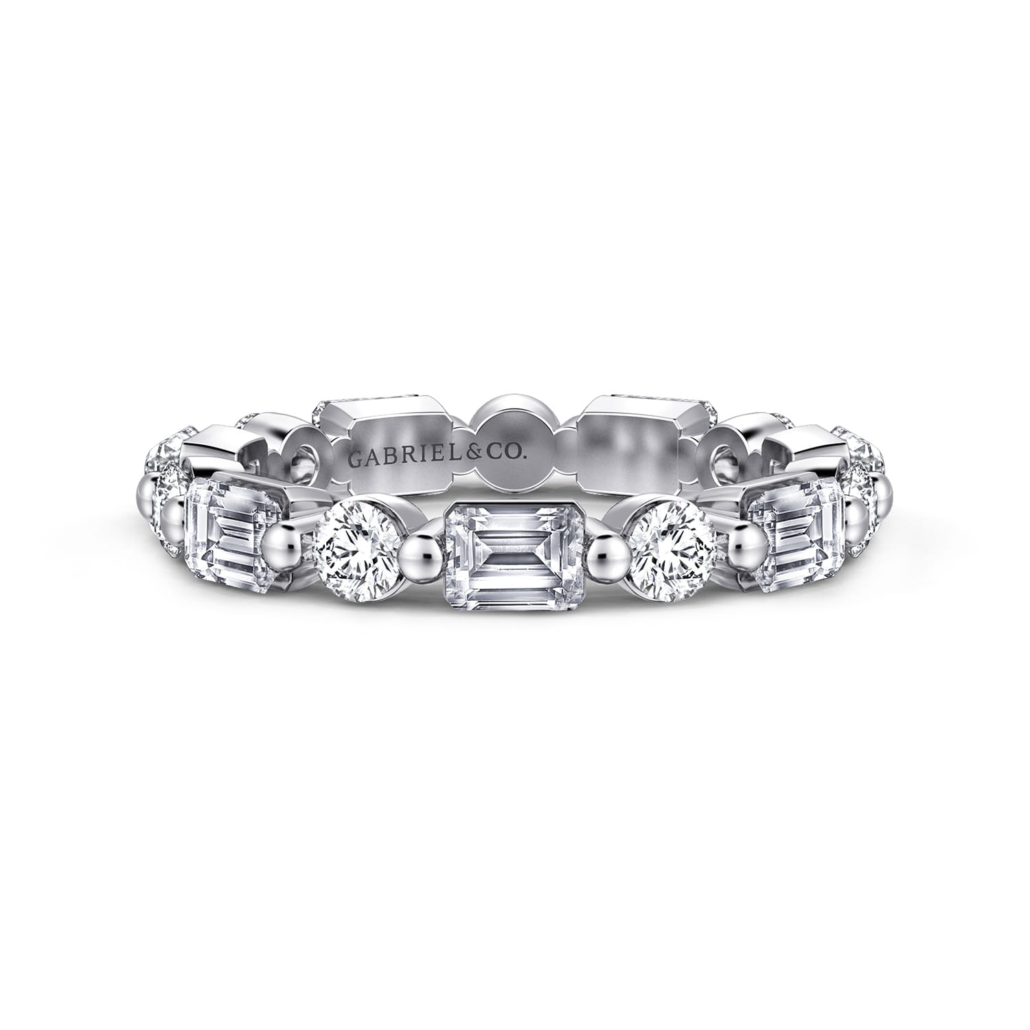 Eternity Band Wedding Ring in 14k White Gold with Emerald Cut Natural Diamond at Gabriel & Co. - Shot 1