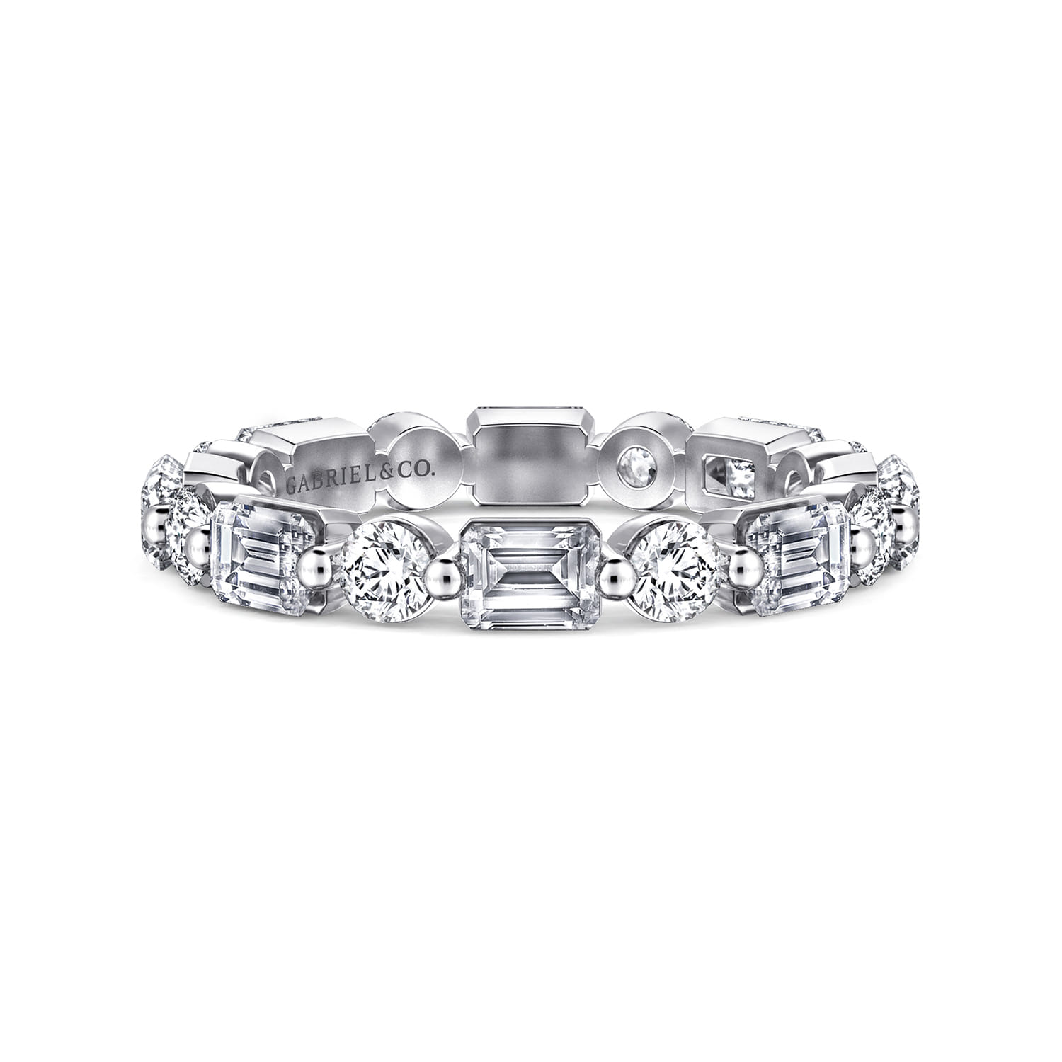 Eternity Band Wedding Ring in 14k White Gold with Emerald Cut Natural Diamond at Gabriel & Co. - Shot 1