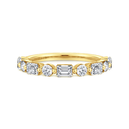 Emerald - 14K Yellow Gold Baguette and Round Diamond Anniversary Band