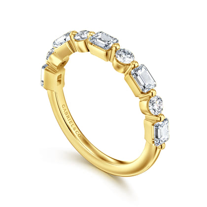 Emerald - 14K Yellow Gold Baguette and Round Diamond Anniversary Band