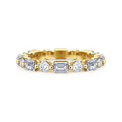 Emerald - 14K Yellow Gold Emerald Cut and Round Diamond Eternity Band