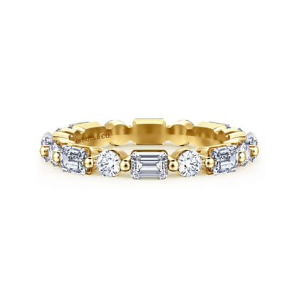 Emerald - 14K Yellow Gold Emerald Cut and Round Diamond Eternity Band