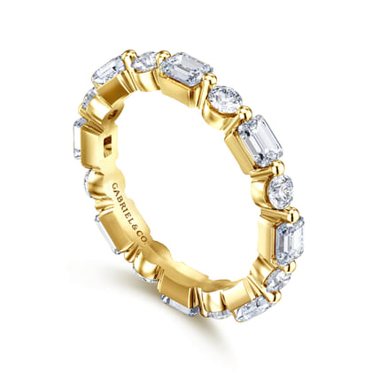 Emerald - 14K Yellow Gold Emerald Cut and Round Diamond Eternity Band