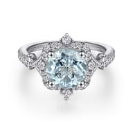 Emersyn - Vintage Inspired 14K White Gold Aquamarine and Diamond Halo Engagement Ring