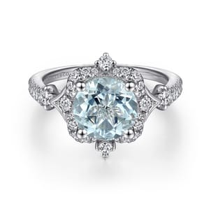 Emersyn - Vintage Inspired 14K White Gold Aquamarine and Diamond Halo Engagement Ring