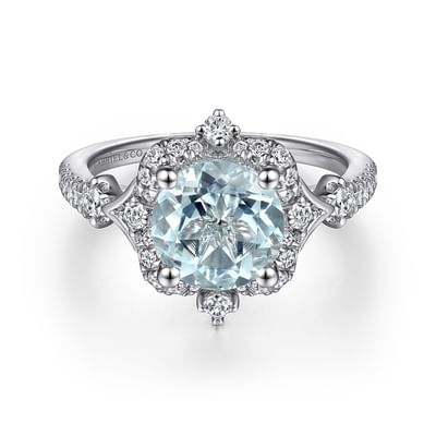 Emersyn - Vintage Inspired 14K White Gold Aquamarine and Diamond Halo Engagement Ring
