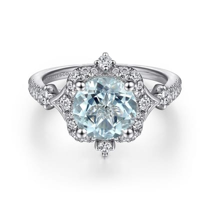 Emersyn - Vintage Inspired 14K White Gold Aquamarine and Diamond Halo Engagement Ring