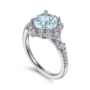 Emersyn - Vintage Inspired 14K White Gold Aquamarine and Diamond Halo Engagement Ring