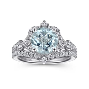 Emersyn - Vintage Inspired 14K White Gold Aquamarine and Diamond Halo Engagement Ring