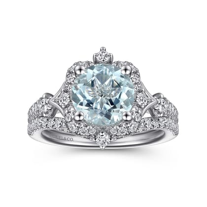 Emersyn - Vintage Inspired 14K White Gold Aquamarine and Diamond Halo Engagement Ring