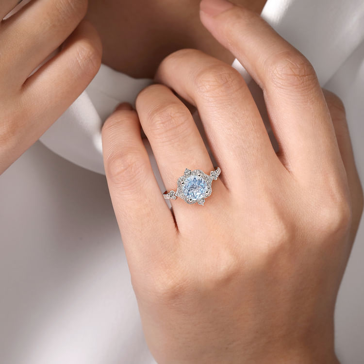 Emersyn - Vintage Inspired 14K White Gold Aquamarine and Diamond Halo Engagement Ring