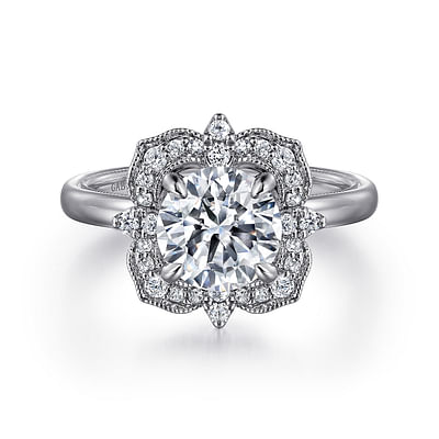 Emerye - 14K White Gold Round Double Halo Diamond Engagement Ring