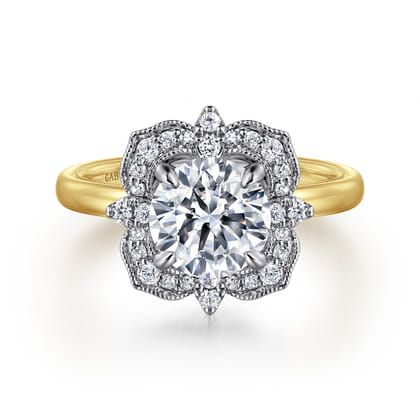 Emerye - 14K Yellow Gold Round Double Halo Diamond Engagement Ring
