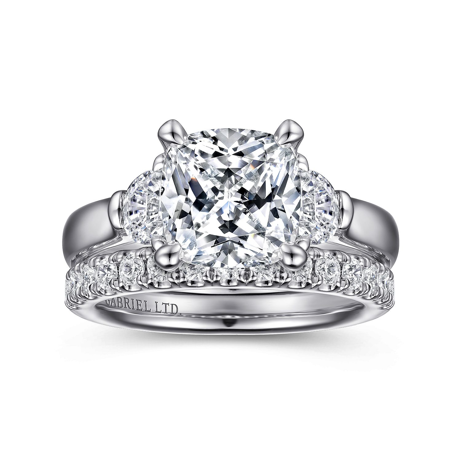 Emme - 18K White Gold Cushion Cut Three Stone Diamond Engagement Ring