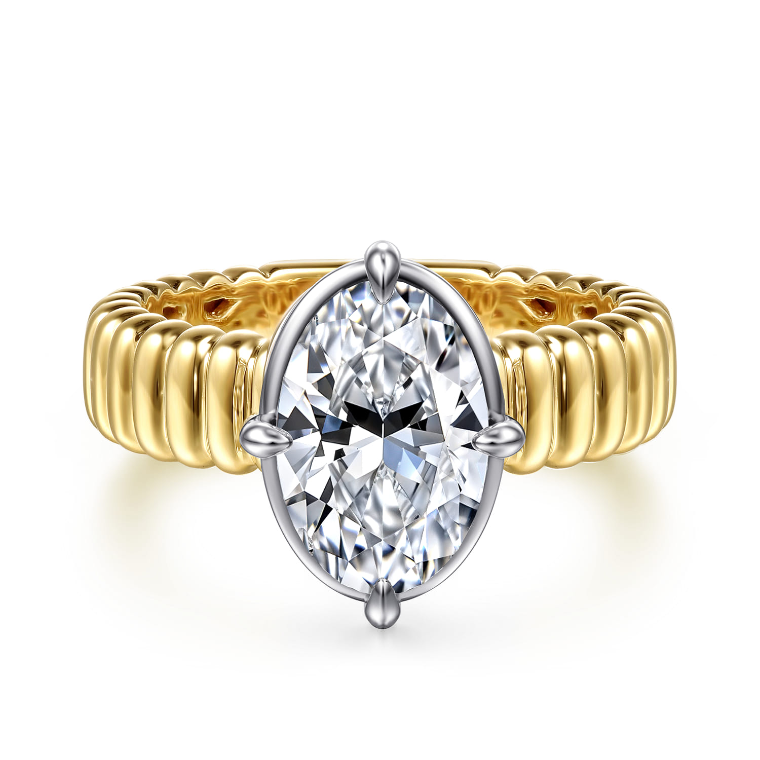 Empress - 14K White-Yellow Gold Compass Bezel Prong Oval Diamond Engagement Ring