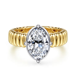 Empress - 14K White-Yellow Gold Compass Bezel Prong Oval Diamond Engagement Ring