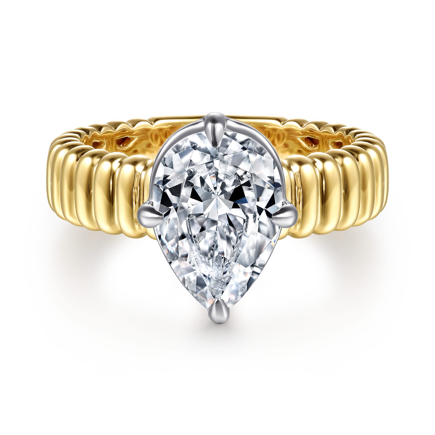 Empress - 14K White-Yellow Gold Compass Bezel Prong Pear Diamond Engagement Ring