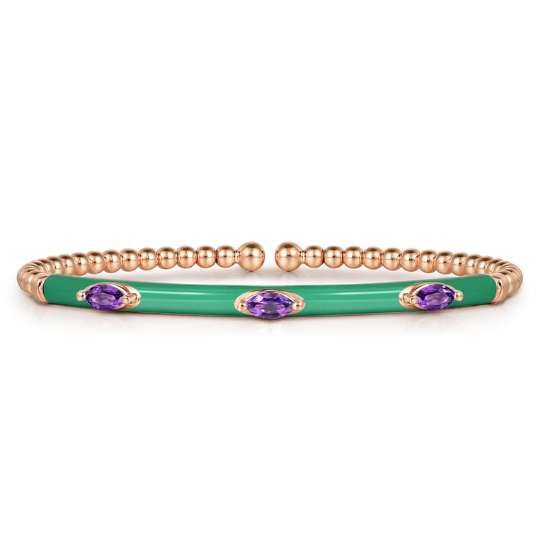 Enamel - 14K Rose Gold Bujukan Amethyst Split Bangle with Mint Green Enamel - Shot 1