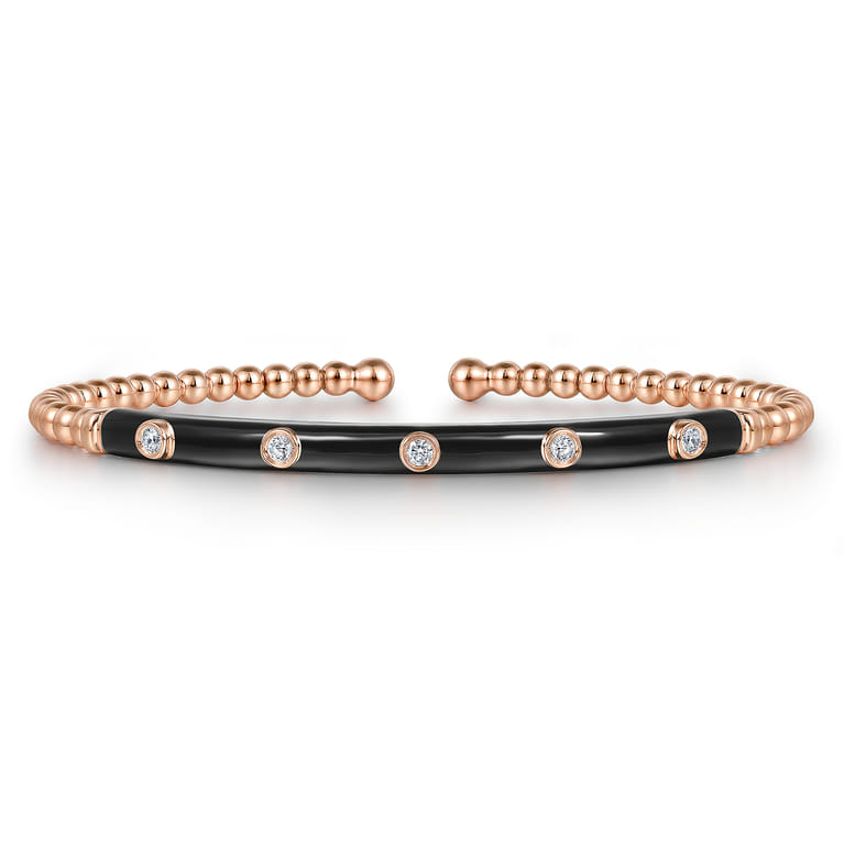 Enamel - 14K Rose Gold Bujukan Beads and Diamond Split Bangle with Black Enamel - 0.15 ct - Shot 1