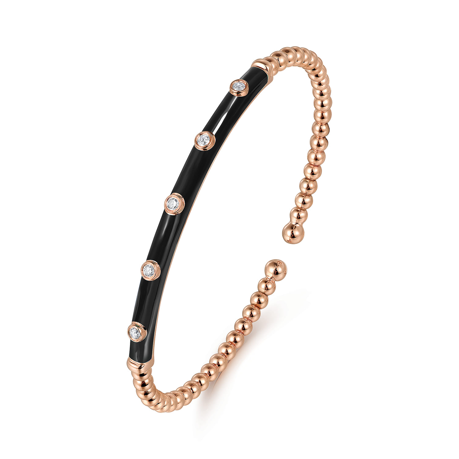 Enamel - 14K Rose Gold Bujukan Beads and Diamond Split Bangle with Black Enamel - 0.15 ct - Shot 2