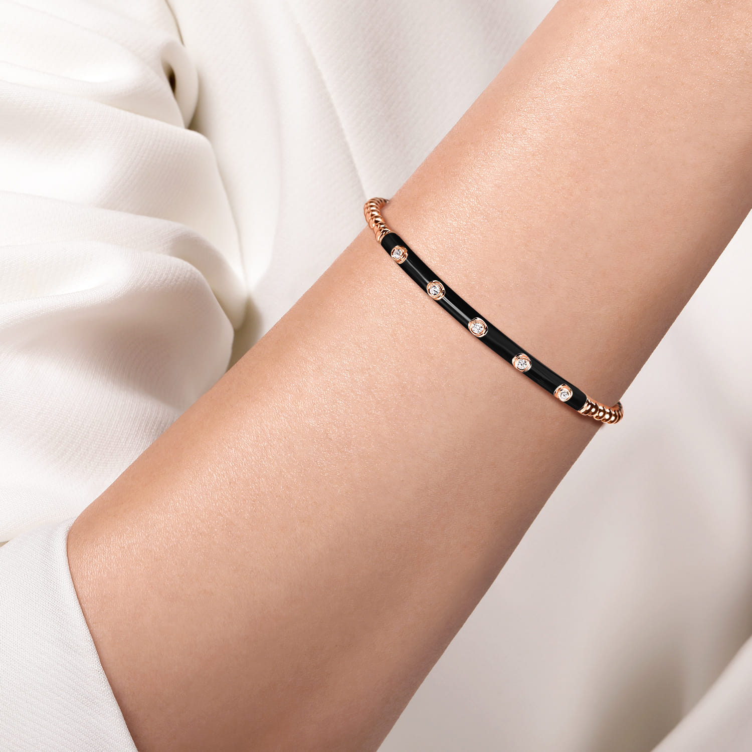 Enamel - 14K Rose Gold Bujukan Beads and Diamond Split Bangle with Black Enamel - 0.15 ct - Shot 4