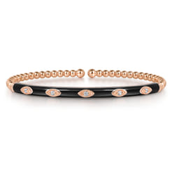 Enamel - 14K Rose Gold Bujukan Beads and Diamond Split Bangle with Black Enamel